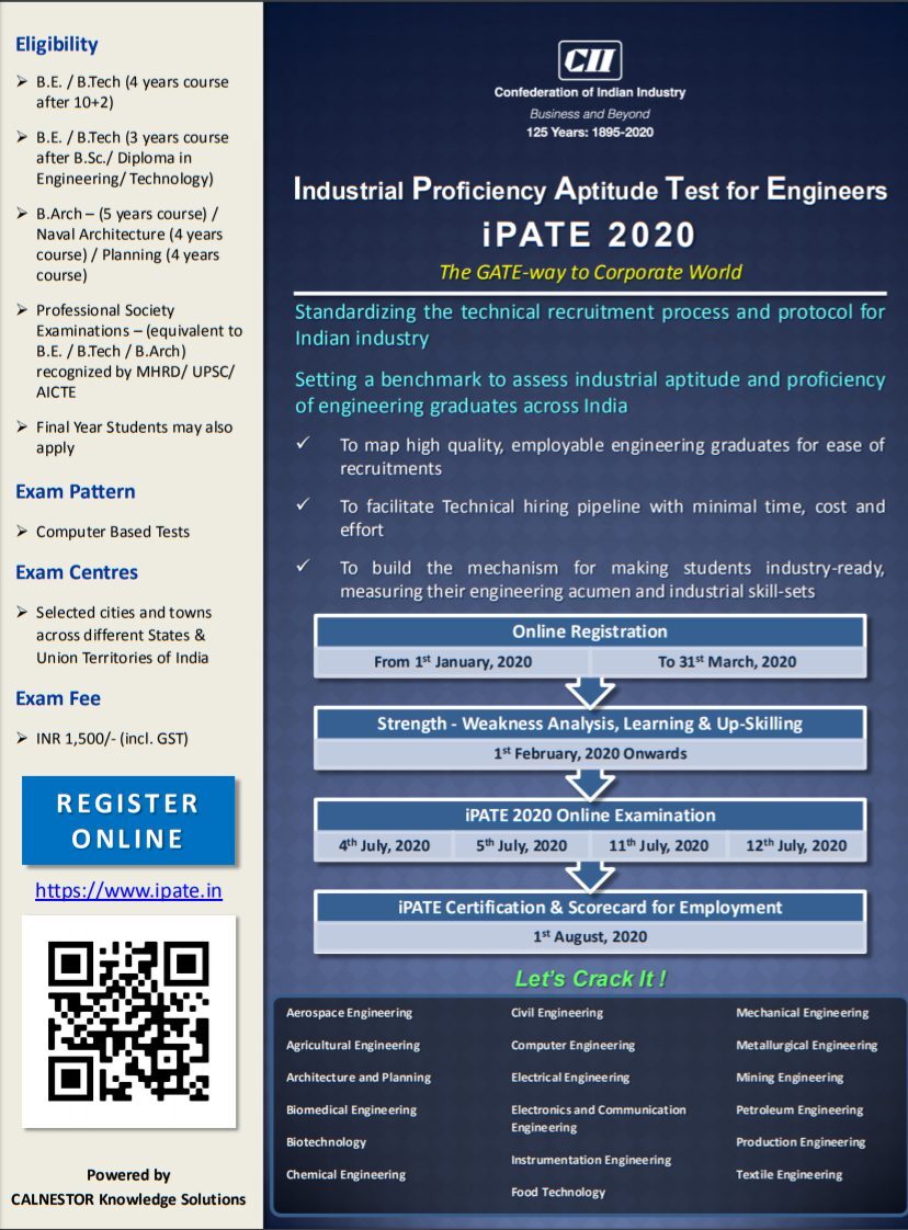 Industrial Proficiency Aptitude Test For Engineers iPATE 2020 By CII Exams On July 4 5 11